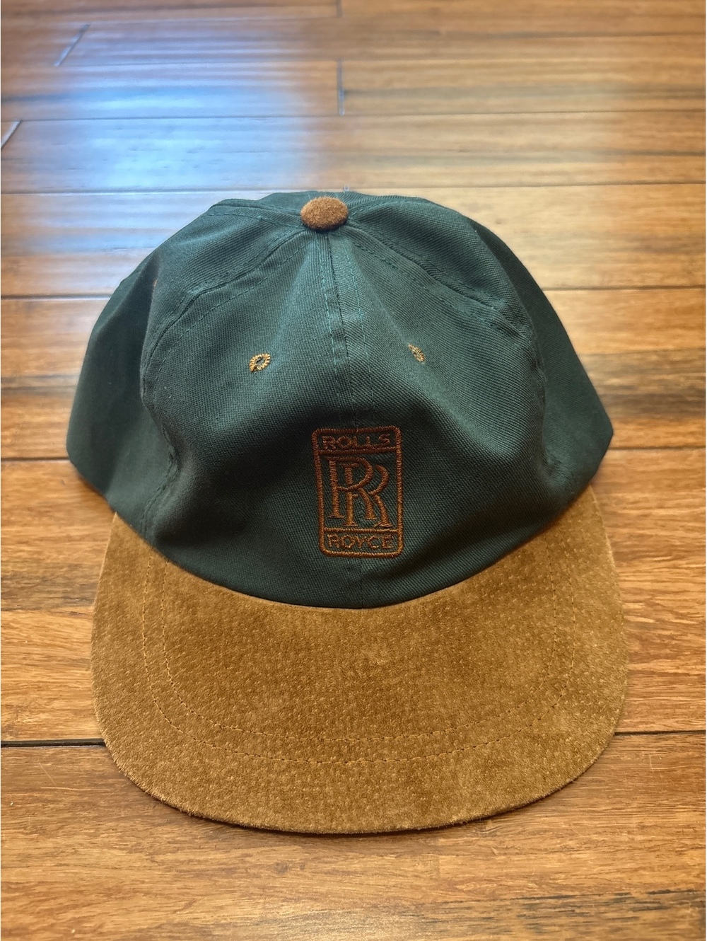 Vintage Rolls Royce Baseball Cap Hat Strapback Suede Brim Green Tan
